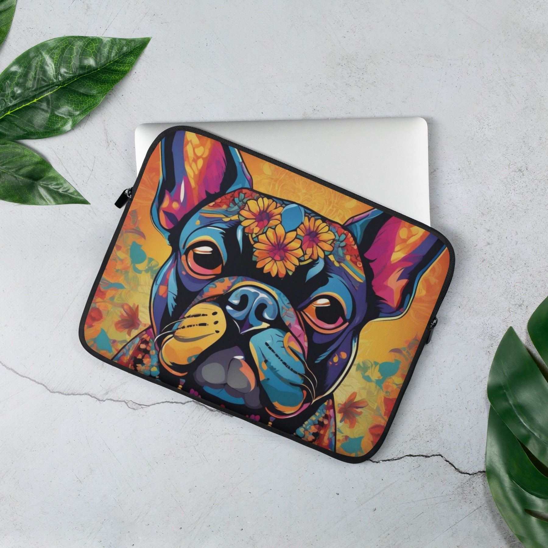 a laptop case with a colorful dog on it