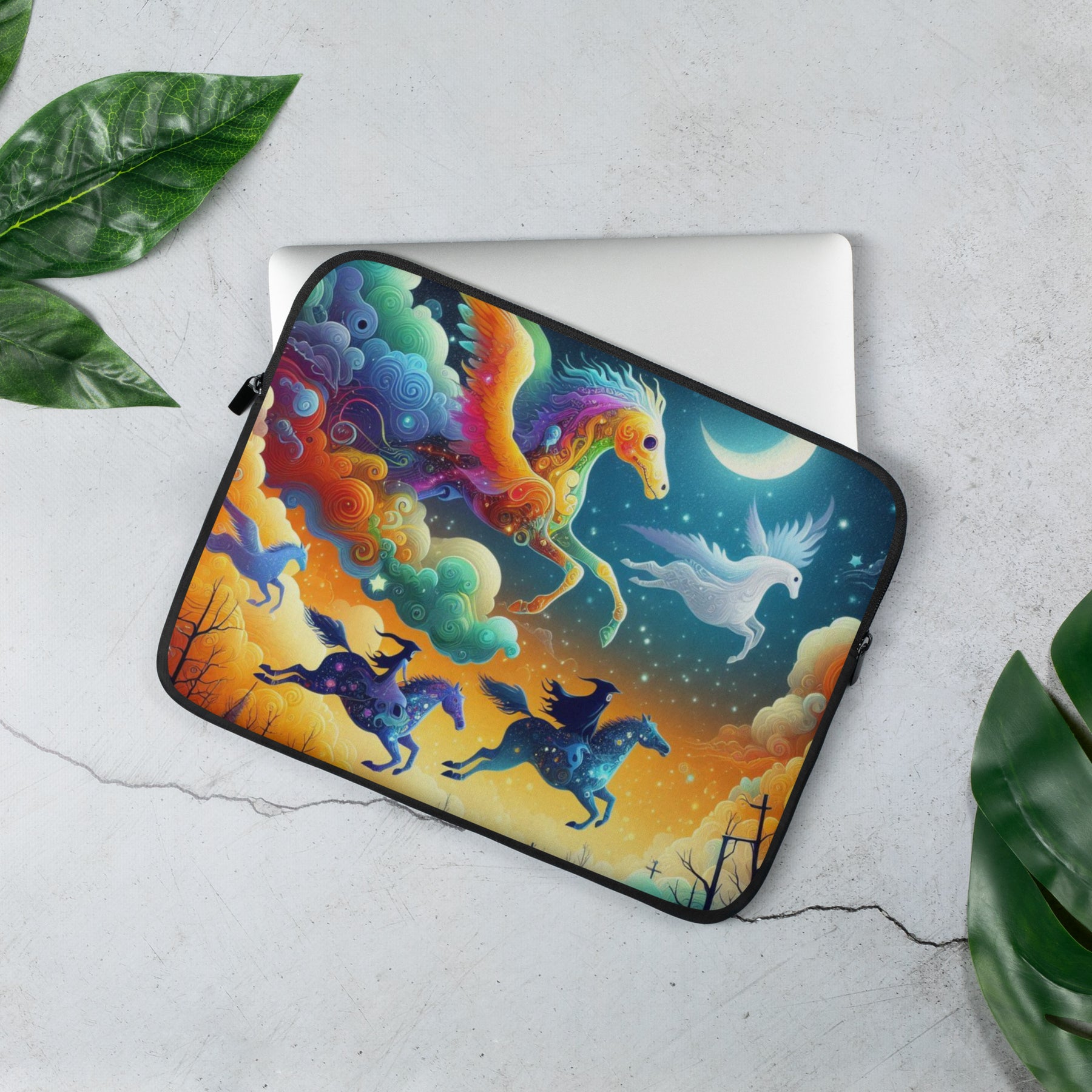 a laptop case with a unicorn painting on it