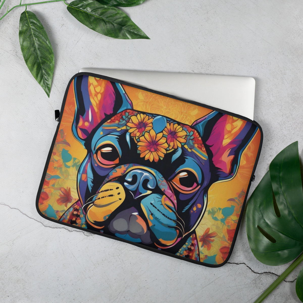 a laptop case with a colorful dog on it