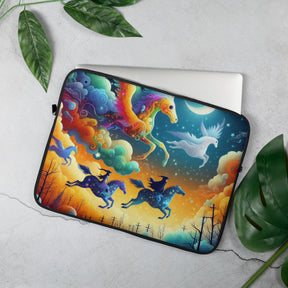 a laptop case with a painting of unicorns on it