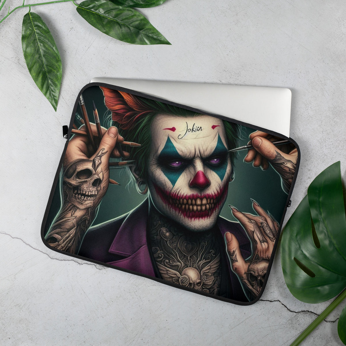 a laptop case with a picture of a clown on it