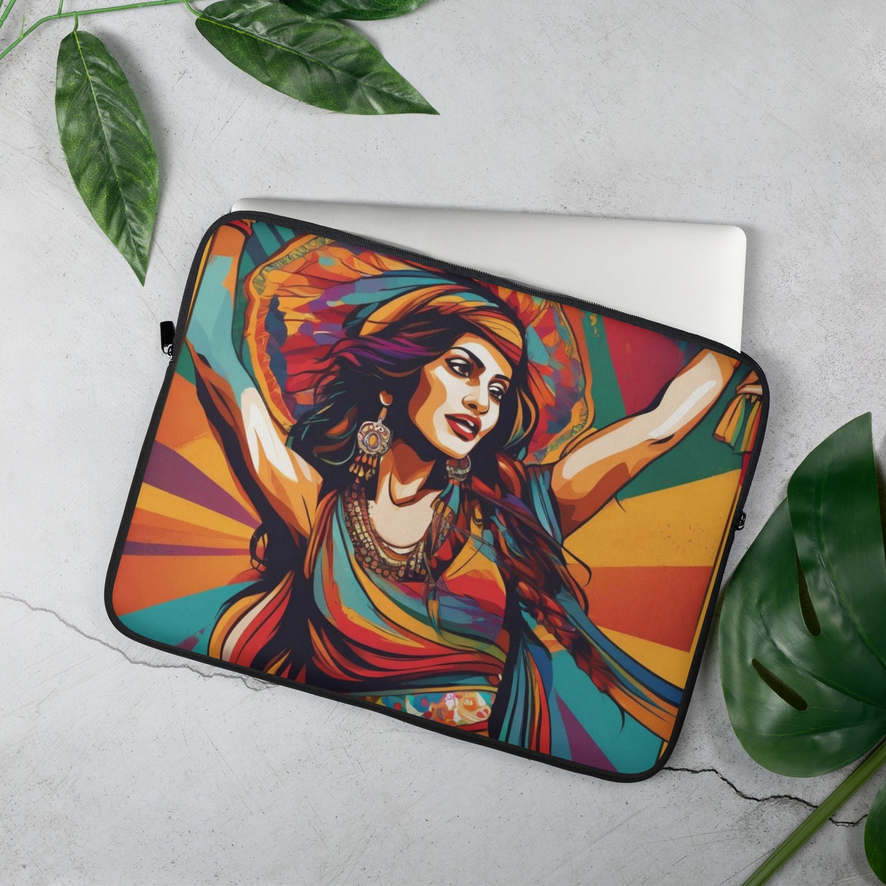 a laptop case with a painting of a woman on it