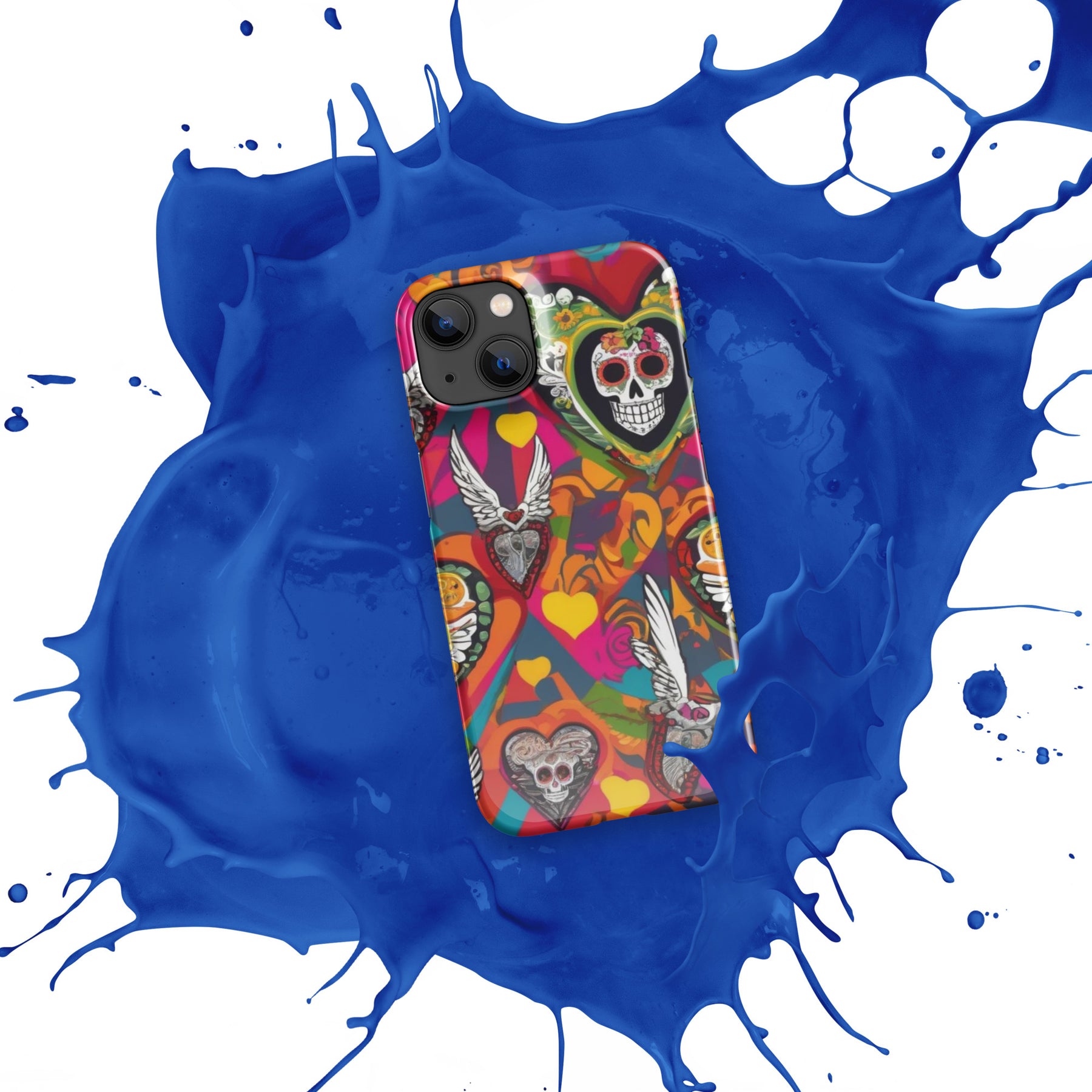 Glossy iPhone 14 snap case, vibrant blue with unique design, slim fit.