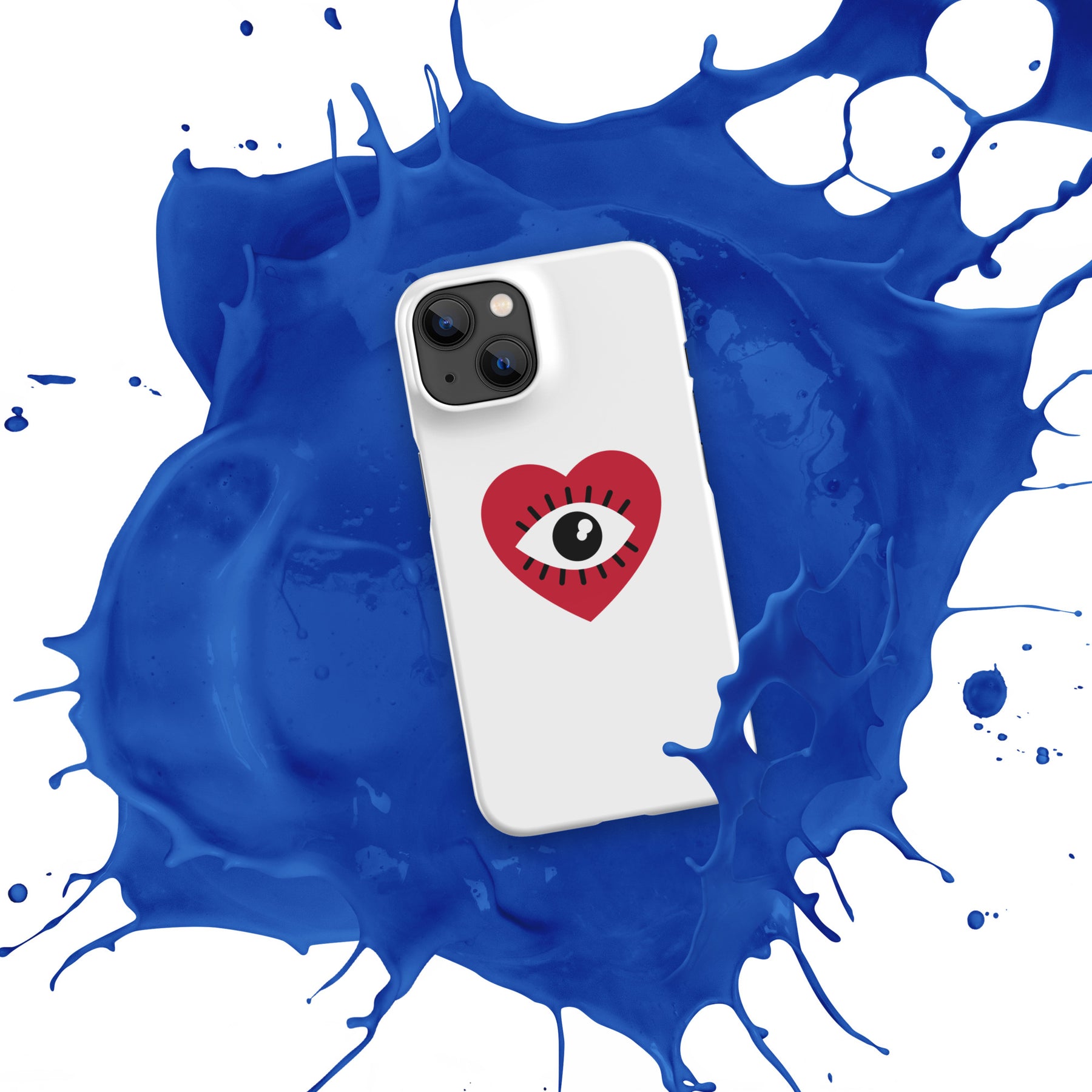 Alt text: "Glossy iPhone 14 snap case in vibrant blue with precise cutouts."