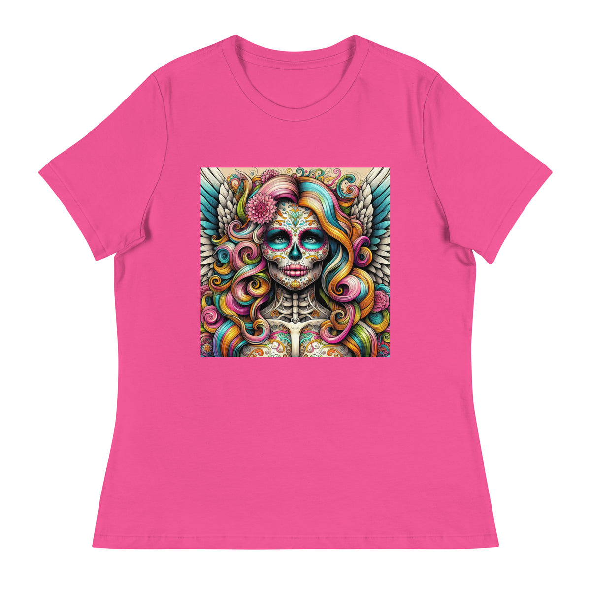 a women's pink t - shirt with an image of a skeleton with wings