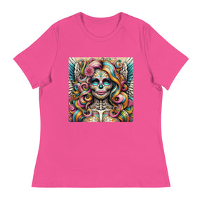 a women's pink t - shirt with an image of a skeleton with wings