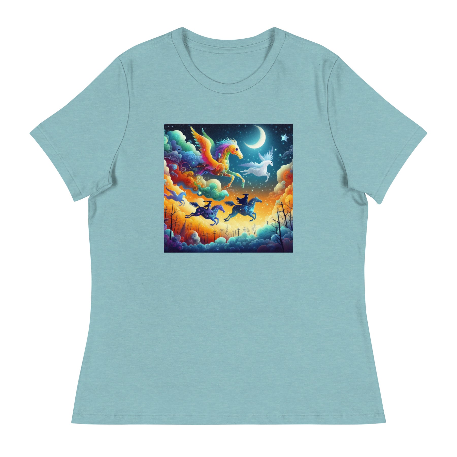 Alt text: "Women's relaxed t-shirt in heather blue lagoon, size medium."