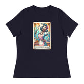 Alt text: "Navy women's relaxed t-shirt, soft fabric, casual fit, size medium."