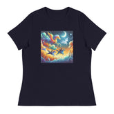 Women's relaxed navy t-shirt with short sleeves, size medium, casual fit.