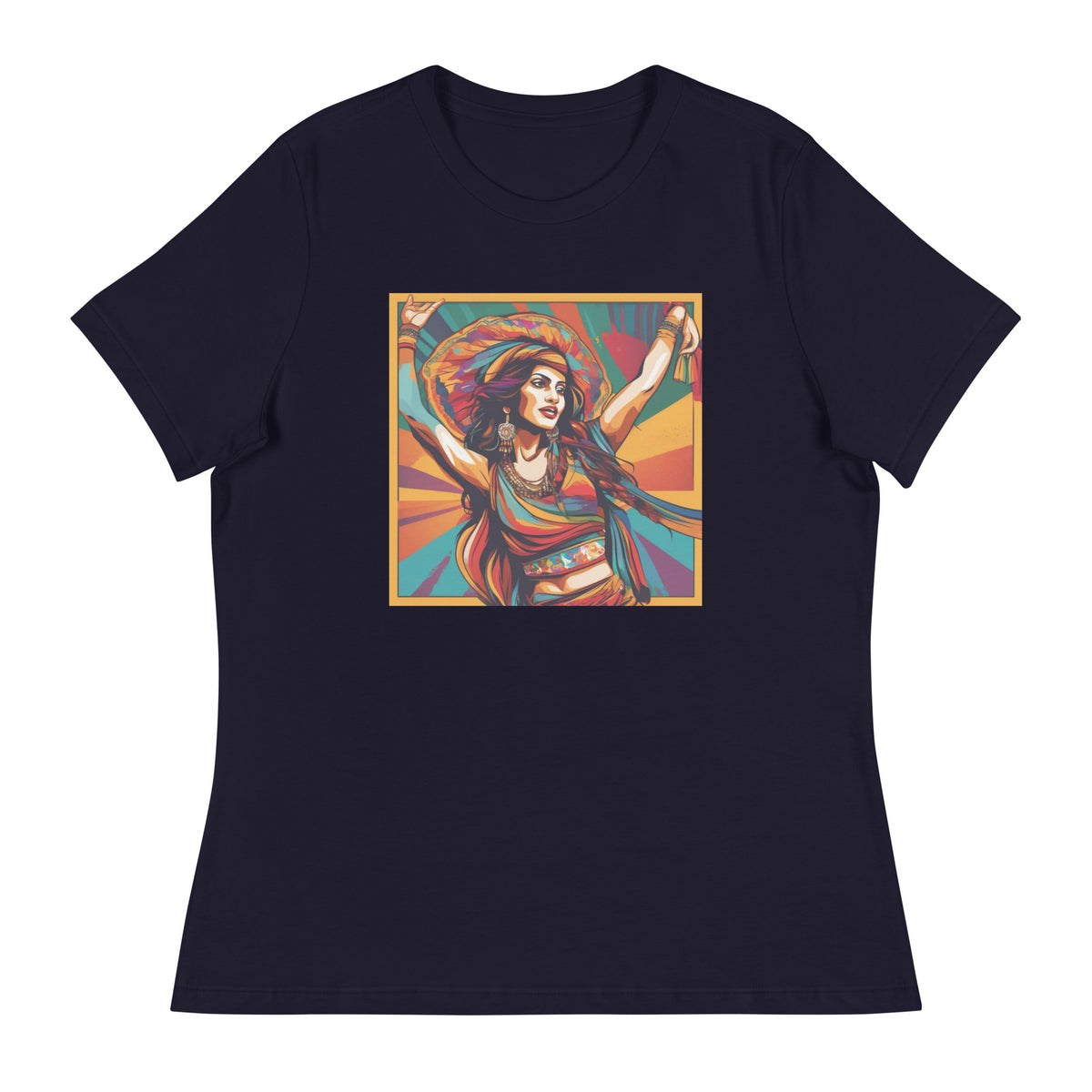 Womens relaxed navy T-shirt featuring a classic fit, size medium.