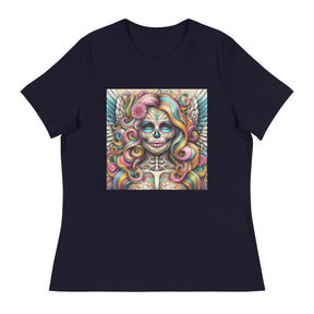 a women's t - shirt with an image of a skeleton with wings