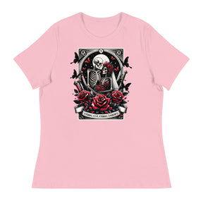 Pink women's relaxed t-shirt featuring short sleeves and a round neck.